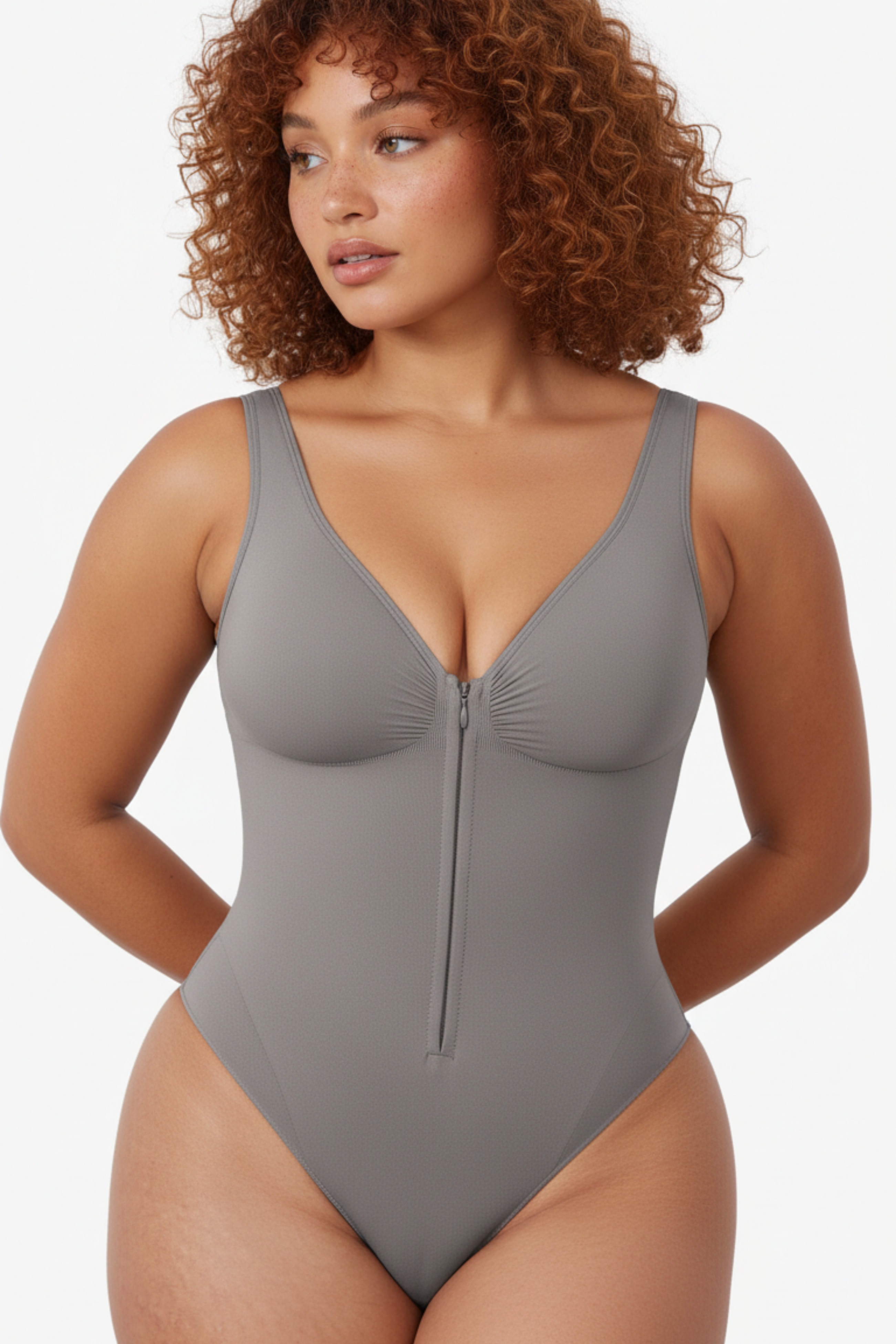 Gray Sculpting Zipper Contour Bodysuit
