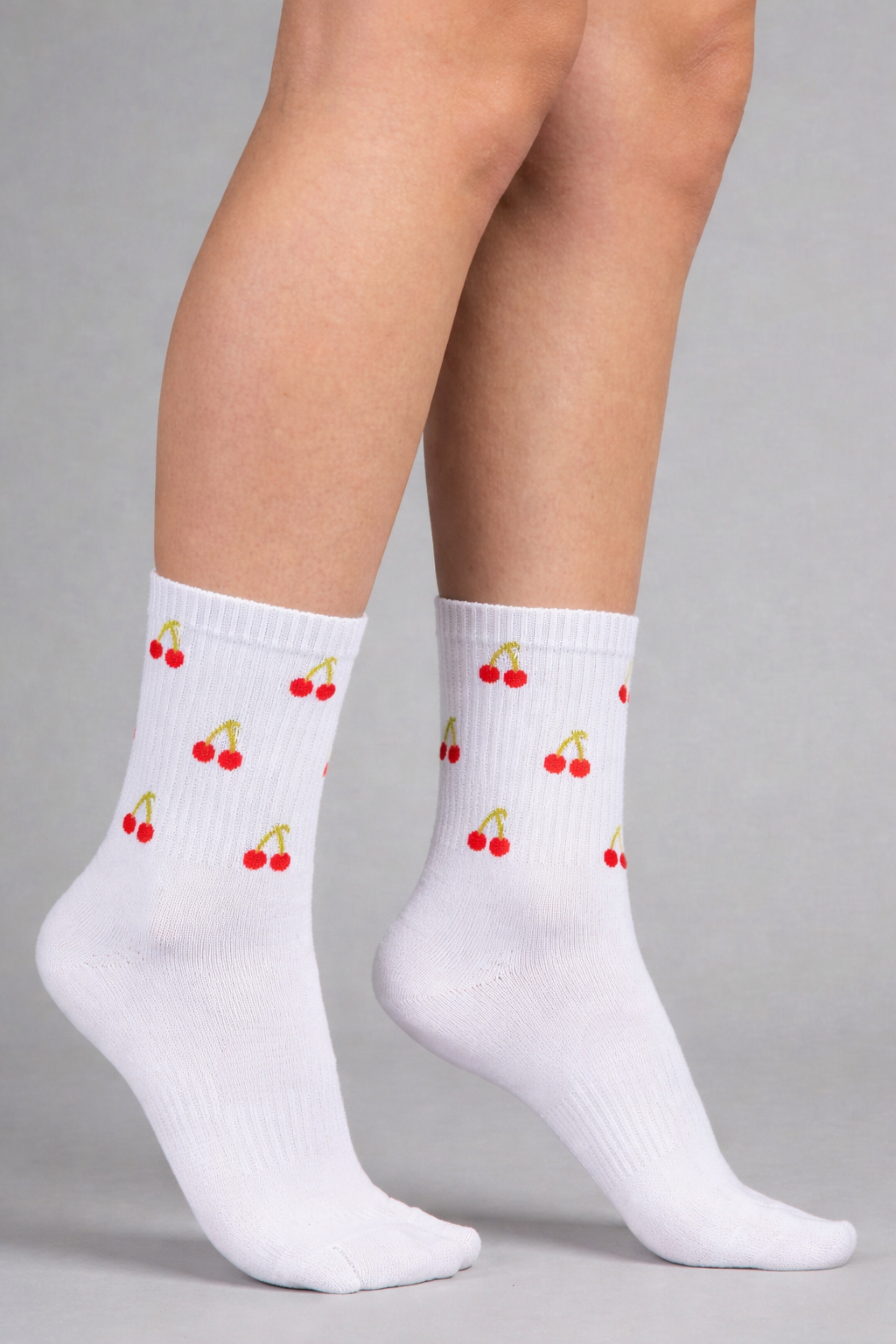 White Cherry Print Non-Slip Grip Ankle Socks