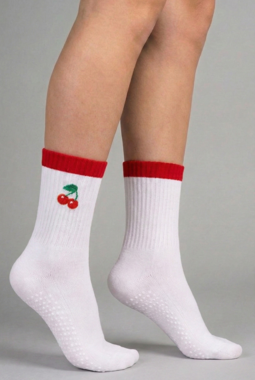 White with Red Trim Cherry Anti-Skid Ankle Socks