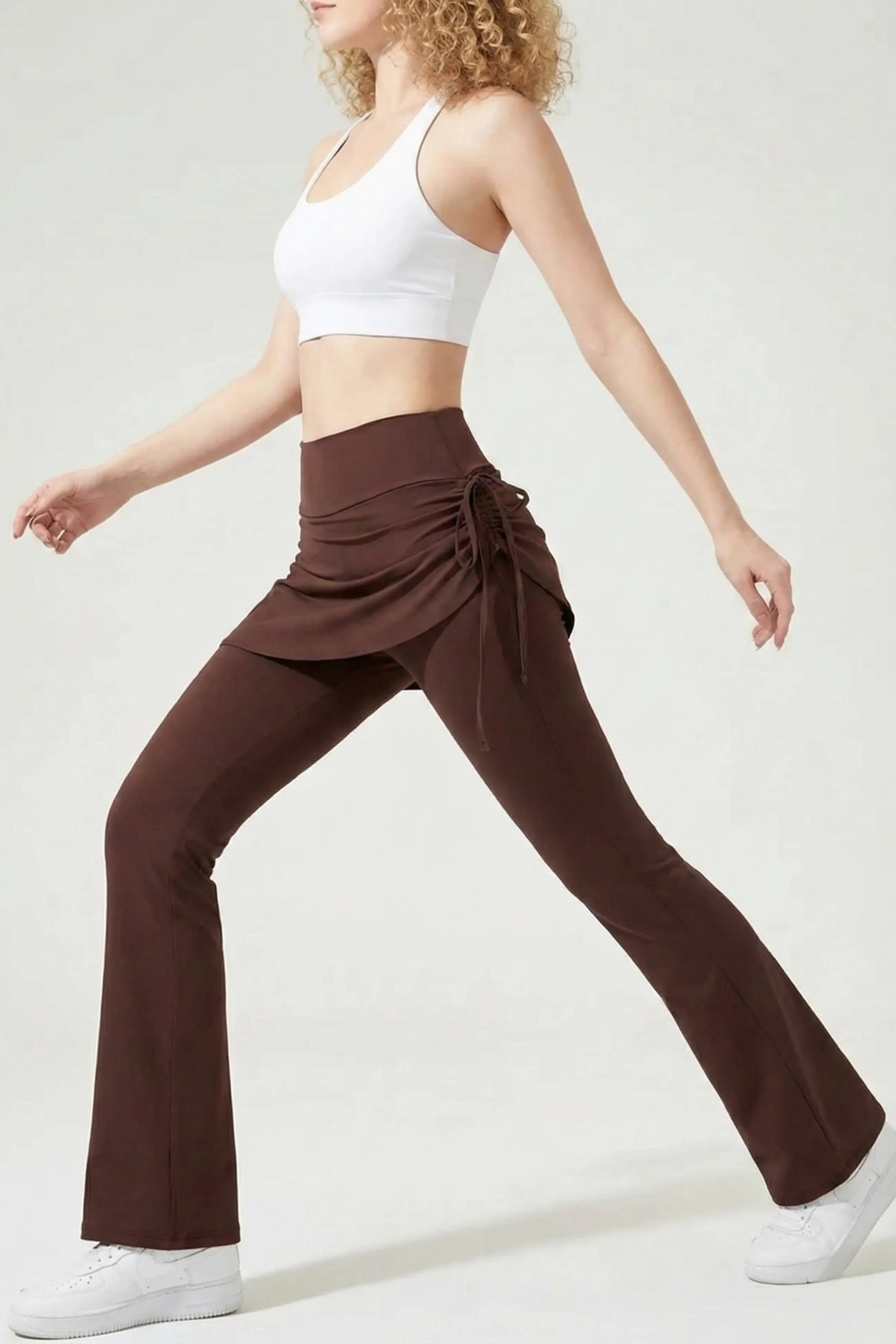 Flared Yoga Pants in Brown with Skirt Accent 2
